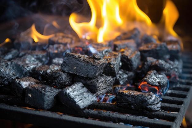 Closeup of charcoal briquettes igniting in bbq