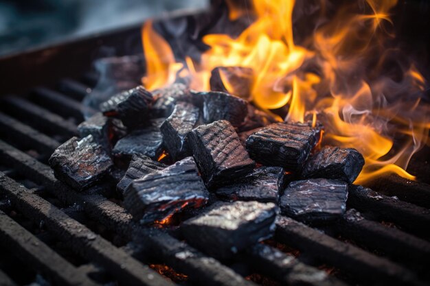 Closeup of charcoal briquettes igniting in bbq