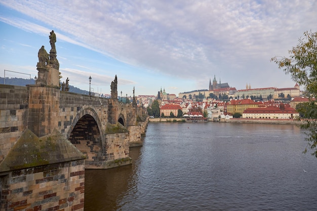 Closeup of the Charles Bridge in Prague and the cathedral in the background