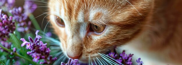 Foto close-up di un affascinante gatto arancione e bianco che annusa fiori di lavanda di colore viola