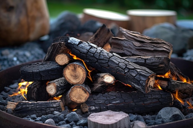 Closeup of charred logs and ashes in fire pit