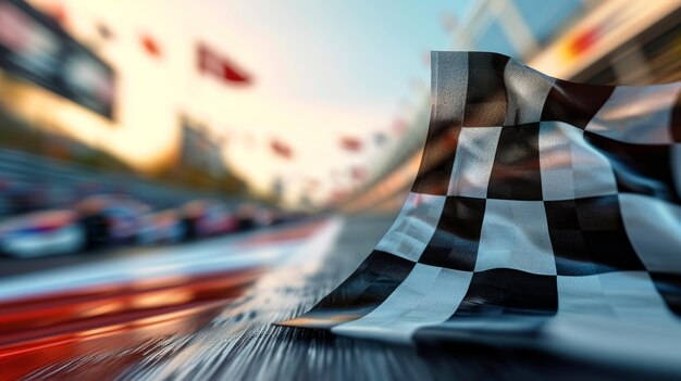 A closeup of the checkered flag in focus while the blurred background shows a blur of international