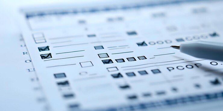 Photo a closeup of a checklist form with checkboxes and a pen indicating task completion
