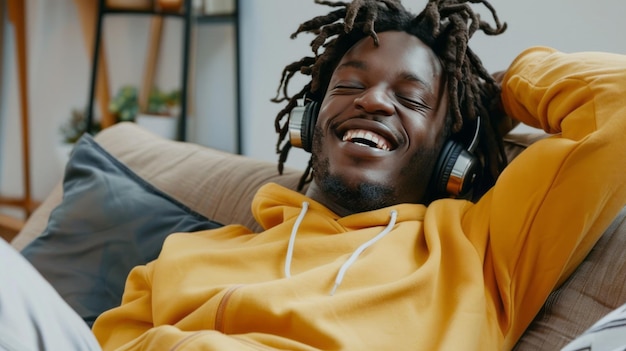 Photo closeup of cheerful african american young man in yellow hoodie and headphones optimistic black guy