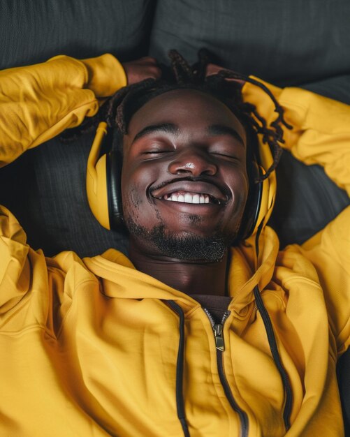 Photo closeup of cheerful african american young man in yellow hoodie and headphones optimistic black guy