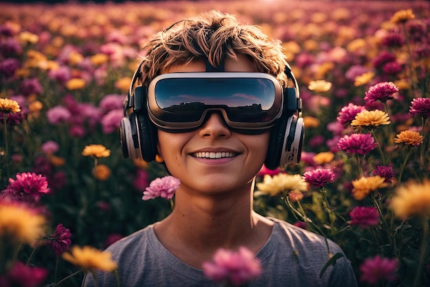 Closeup of cheerful boy wearing VR headset ai generative