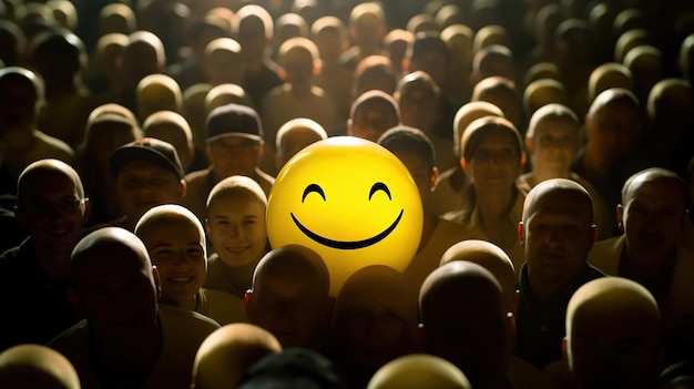 Closeup of cheerful yellow emojis placed among other emojis symbolizing positivity and joy