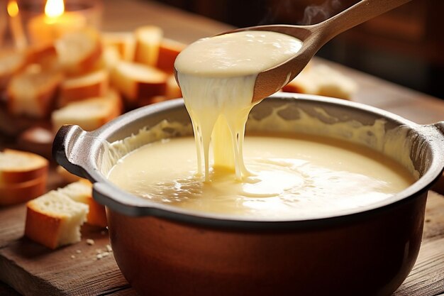 Closeup of cheese fondue bubbling in a pot