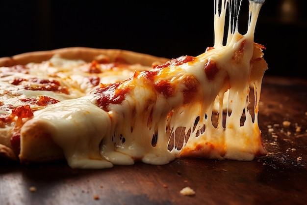 Foto close-up di una fetta di pizza al formaggio con una leggera spruzzatura di sale marino