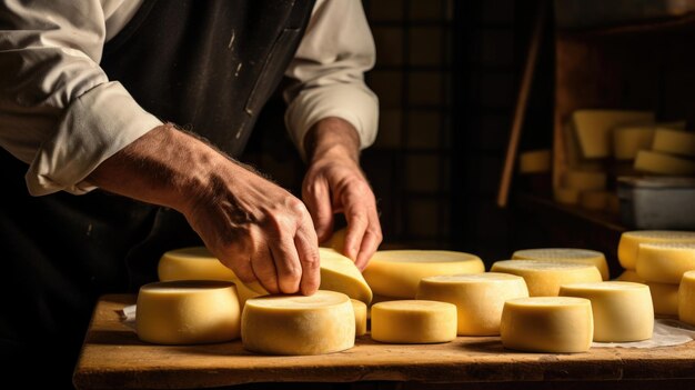 田舎風のテーブルの上にあるチーズの切片のクローズアップ