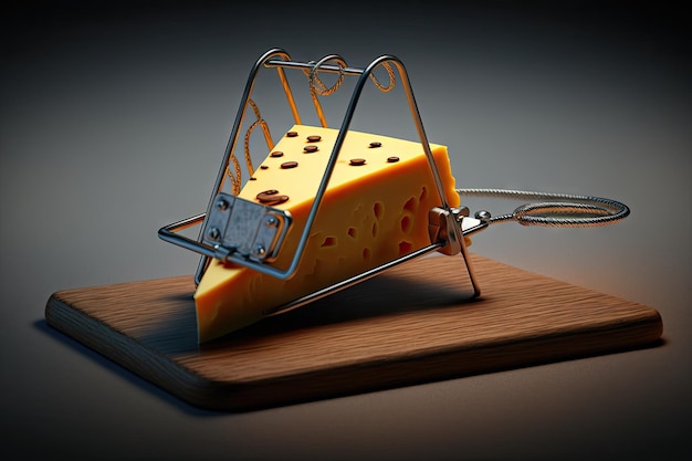 Closeup of cheese wedge in mousetrap with trap ready to spring