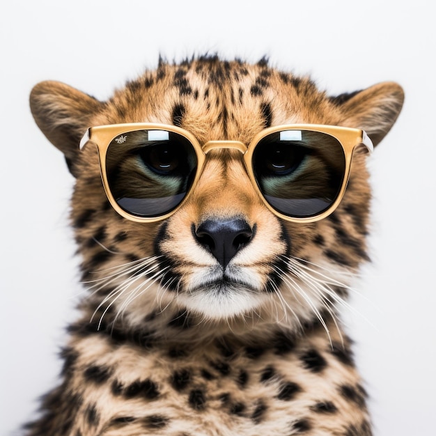 Крупный план гепарда в солнечных очках на белом фоне