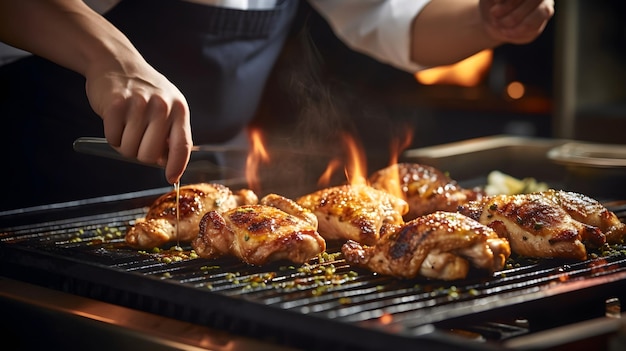 Closeup of a chef cooking a gourmet dish with organic chicken