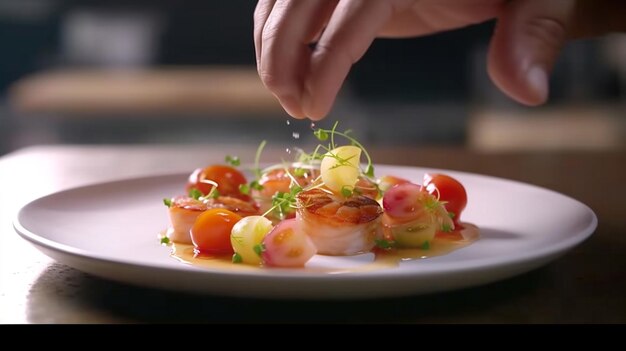 A closeup of a chef's hands garnishing a salad with microgreens