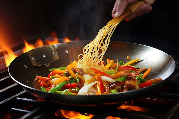 Photo closeup of a chef seasoning stir fry in a wok