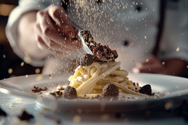 Closeup of a chef shaving truffles over a gourmet