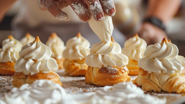 Closeup of a chefs hand piping cream onto a cream puff The cream puff is sitting on a baking sheet with other cream puffs