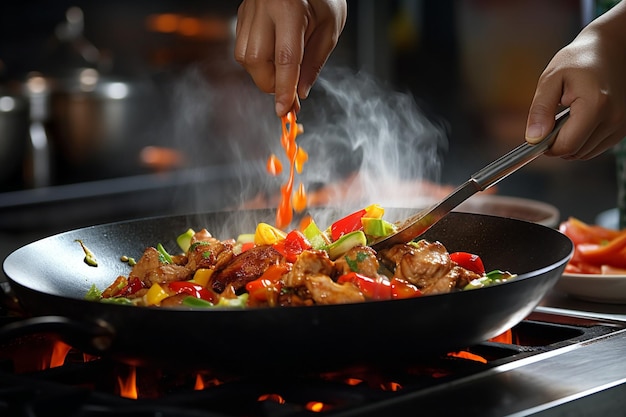 Closeup of a chefs hands adding sauce to chicken stir fry in a skillet