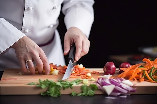 Closeup of chefs hands chopping ingredients for delicious meal created with generative ai