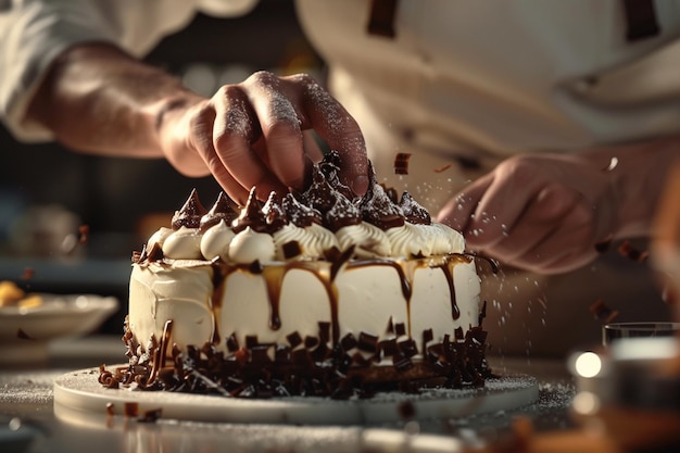 A closeup of a chefs hands meticulously decorating