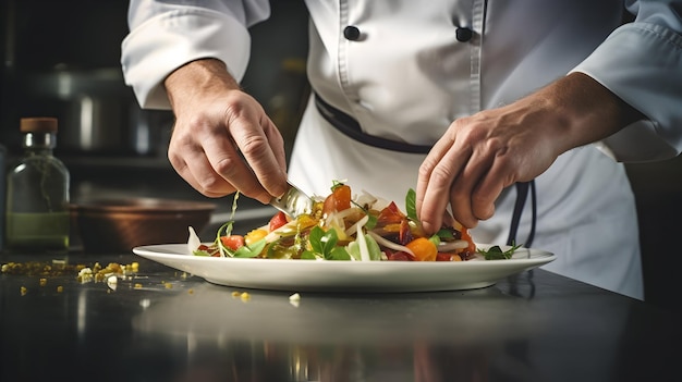 A closeup of a chefs hands seasoning a dish