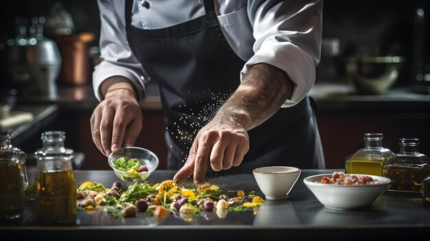 A closeup of a chefs hands seasoning a dish