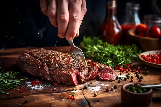 Closeup of a chefs hands seasoning a steak