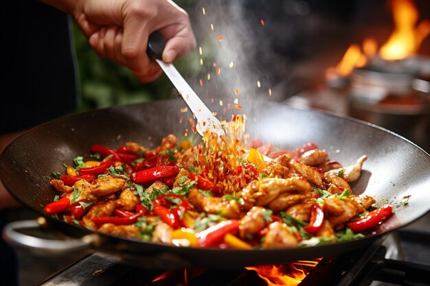 Closeup of a chefs hands sprinkling spices over chicken stir fry