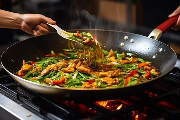 Closeup of a chefs hands sprinkling spices over chicken stir fry