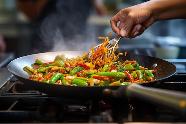 Closeup of a chefs hands tossing stir fry with precision