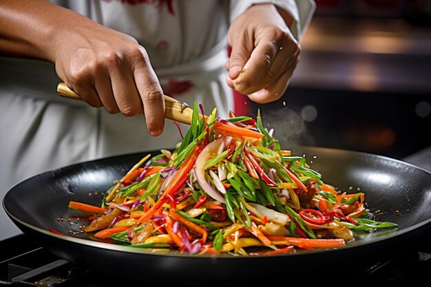 Closeup of a chefs hands tossing stir fry with precision