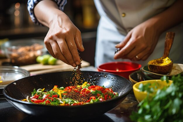 Closeup of a chefs hands tossing stir fry with precision