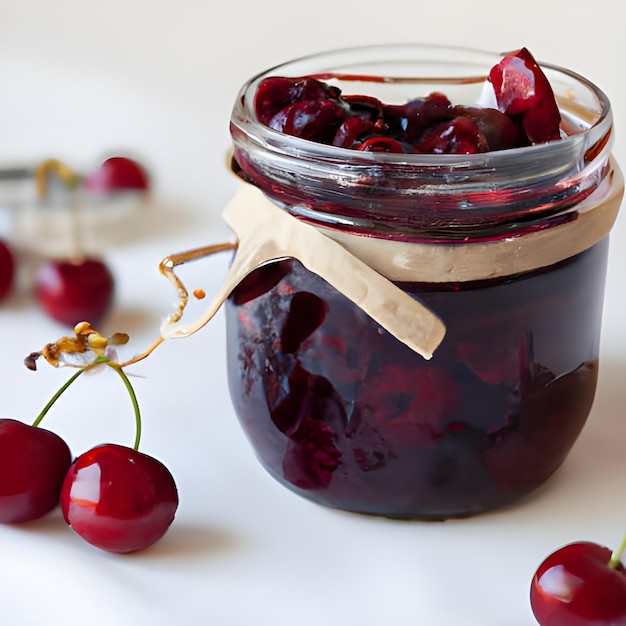 Closeup cherry jam in a glass jar Homemade sweet cherry jam and fresh cherry on a white table