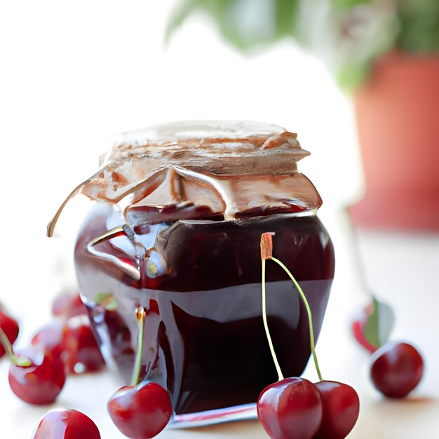 Closeup cherry jam in a glass jar Homemade sweet cherry jam and fresh cherry on a white table