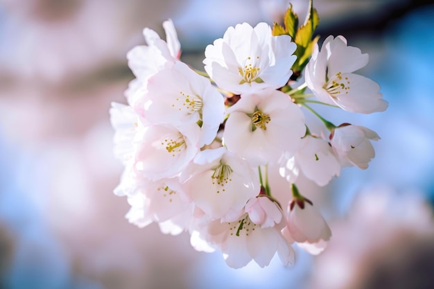 A closeup of a cherry tree in full bloom with delicate white and pink flowers