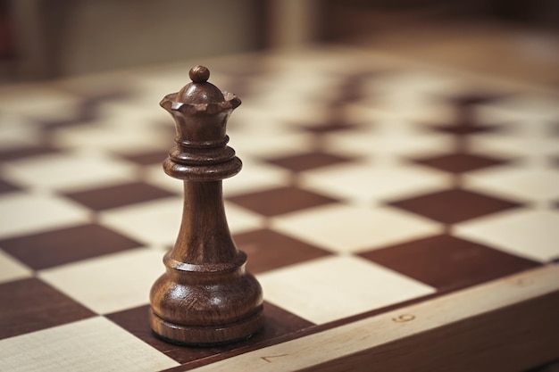 Closeup of a chess piece on a wooden chessboard