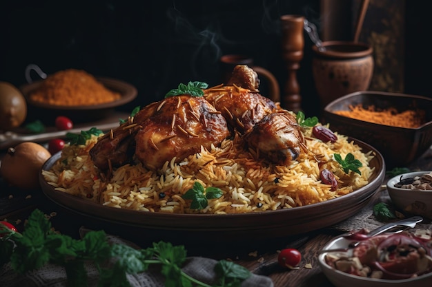 Foto closeup del piatto di pollo biryani ai generativa