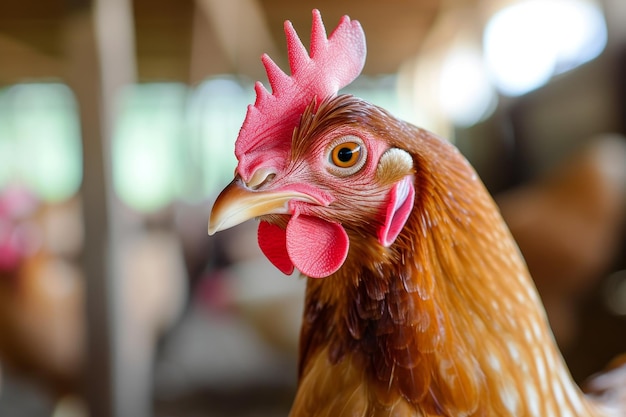 Closeup of a chicken in a farm setting