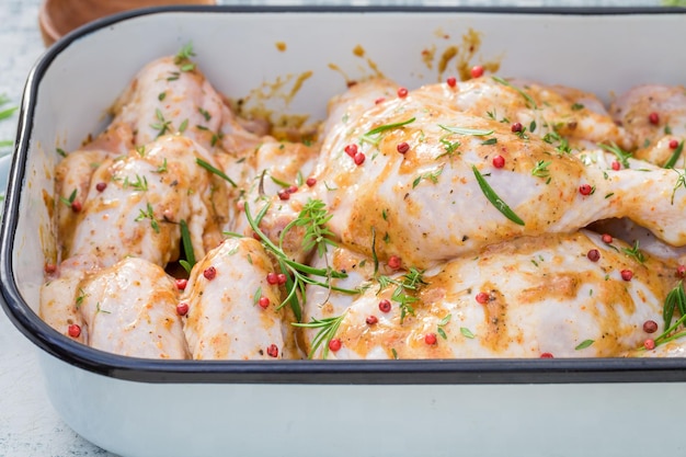 Closeup of chicken legs with honey and herbs for grill