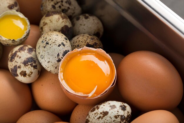 Closeup of chicken and quail eggs Healthy food