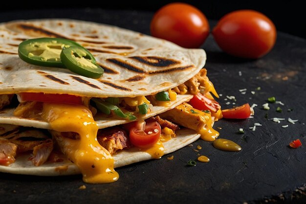 Closeup of a chicken quesadilla wi