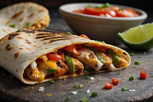 Closeup of a chicken quesadilla wi