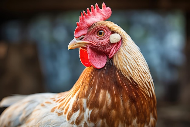 Closeup Of Chicken In Rustic Farmyard Setting Generative AI