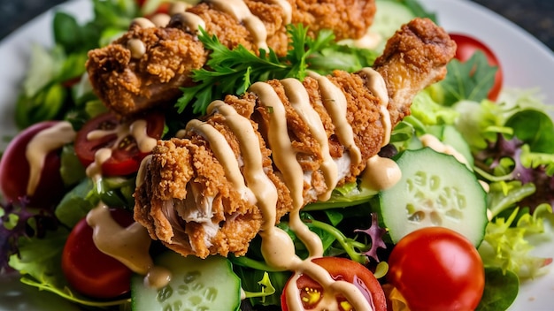 Closeup chicken on salad