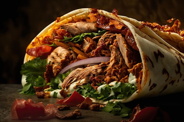 Closeup of chicken shawarma with layers of meat and spices visible created with generative ai