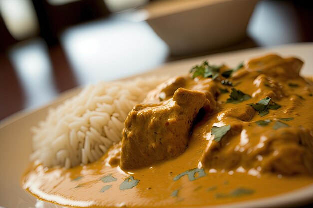 Closeup of chicken tikka masala with tender meat and creamy sauce created with generative ai