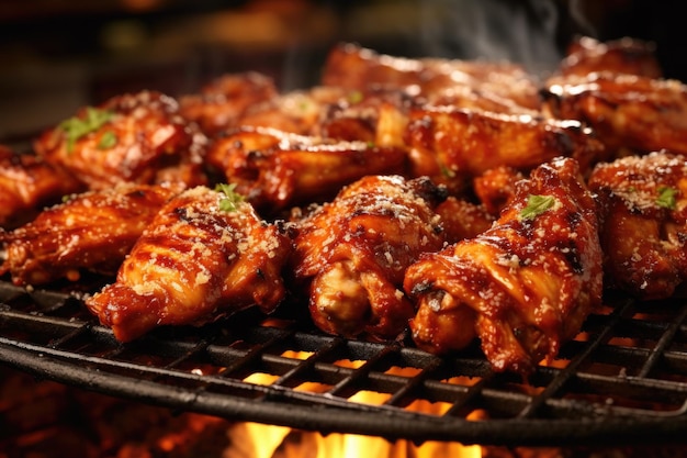 Closeup of chicken wings sizzling on barbecue grill created with generative ai