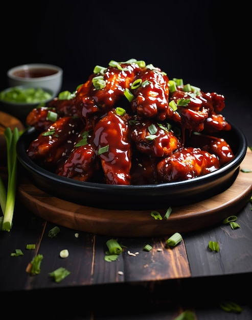 Closeup of chicken wings with sauce and green onions