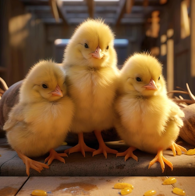 Closeup of chicks with yellow color