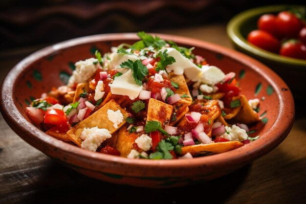 Closeup of chilaquiles served in a colorful